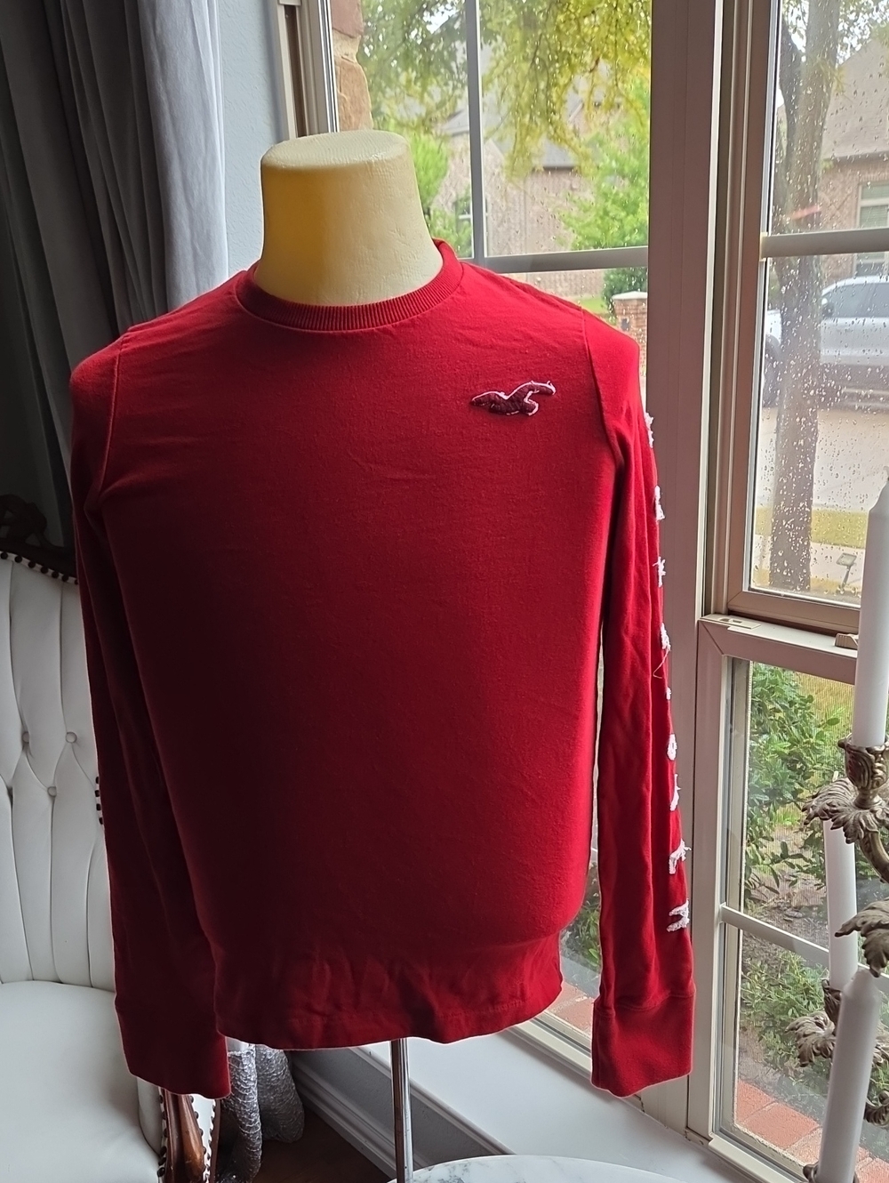 Hollister Men's Red Crewneck Sweatshirt with Sleeve Logo